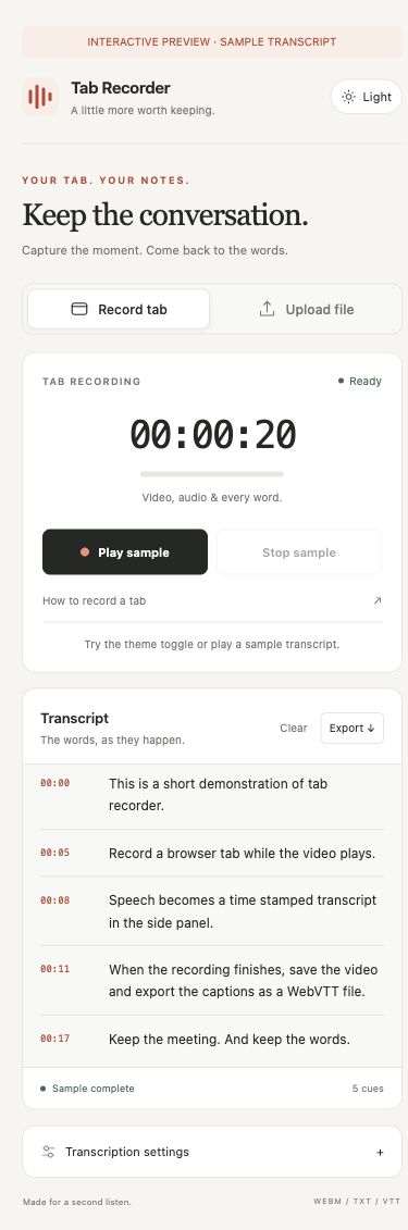 Tab Recorder interface in light mode with a sample transcript
